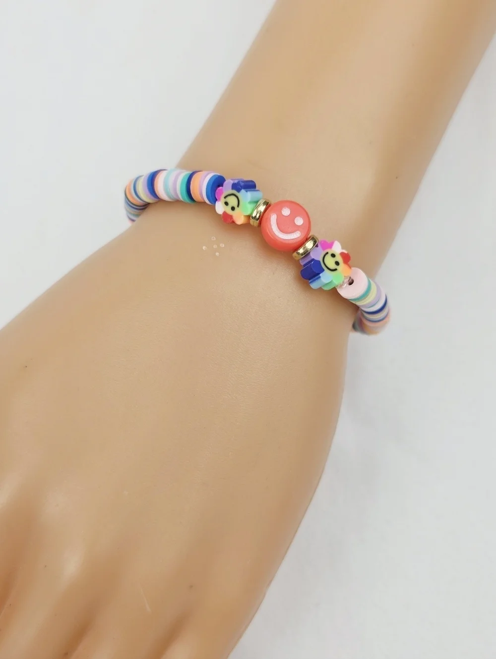 Handmade Clay Bead Multi Color Smiley Face Flower Bracelet